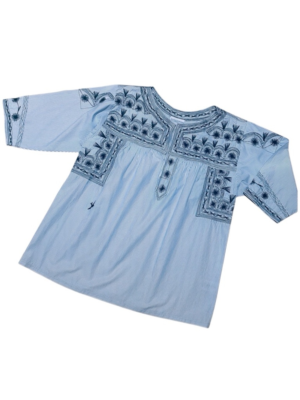 Mi Golondrina • Blue & White Striped Hand Embroidered Tunic || XL